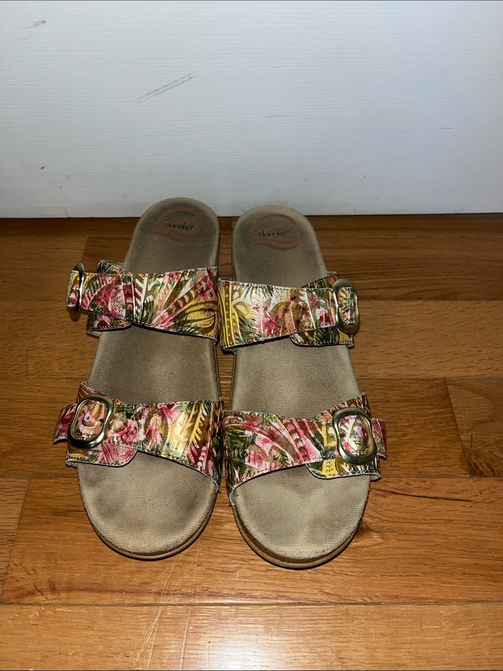 Dansko Women's Floral Double Buckle Slide Sandals - Pink, Green, Yellow
